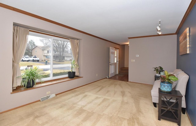 carpeted empty room with ornamental molding, visible vents, and baseboards