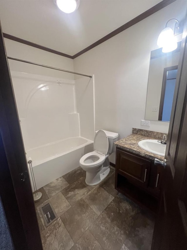 bathroom with crown molding, shower / bathtub combination, visible vents, toilet, and vanity