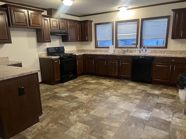 kitchen featuring light stone countertops, extractor fan, dark brown cabinets, black appliances, and a sink