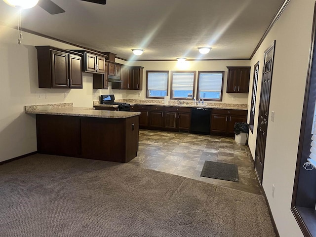 kitchen featuring light carpet, dark brown cabinetry, a peninsula, under cabinet range hood, and black appliances