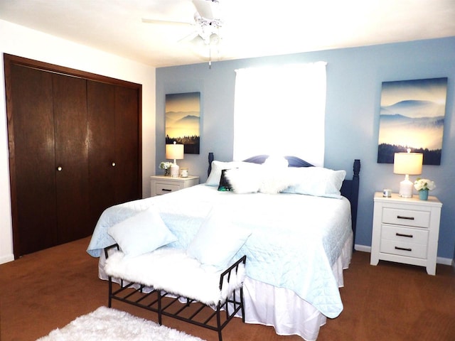 bedroom with baseboards, a closet, a ceiling fan, and carpet flooring