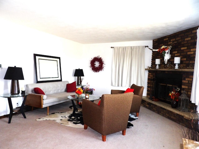 living room featuring carpet and a fireplace