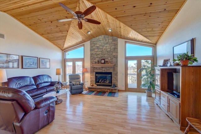 living area featuring high vaulted ceiling, wood ceiling, and light wood-style flooring