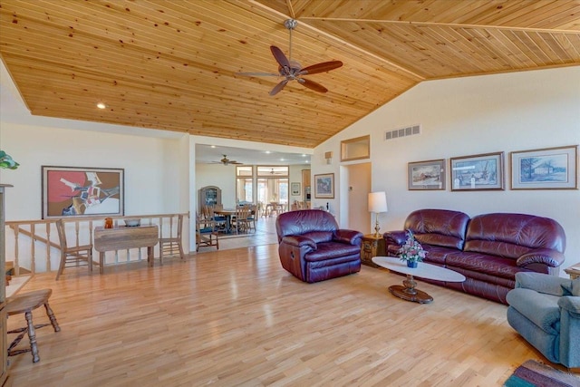 living room featuring visible vents, wood finished floors, and wooden ceiling