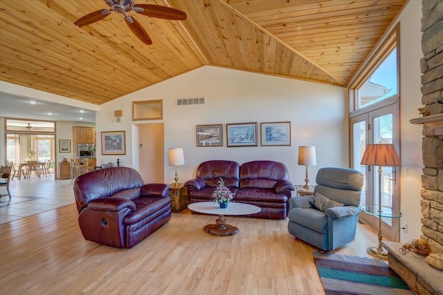 living area featuring high vaulted ceiling, wood ceiling, visible vents, and wood finished floors