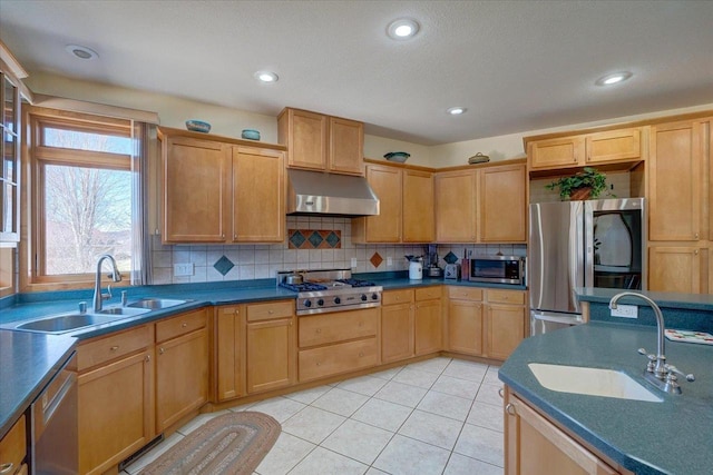 kitchen with under cabinet range hood, tasteful backsplash, appliances with stainless steel finishes, and a sink