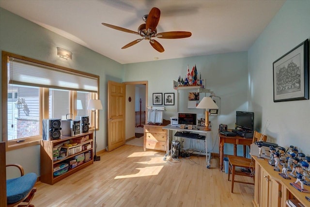 office area featuring light wood finished floors and ceiling fan