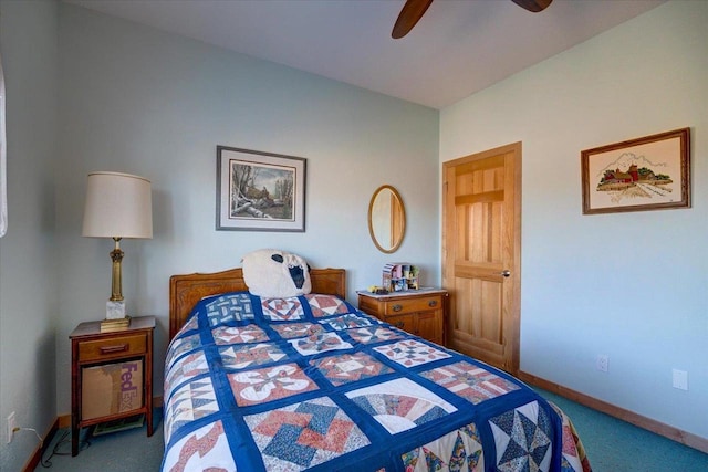 carpeted bedroom featuring baseboards and ceiling fan