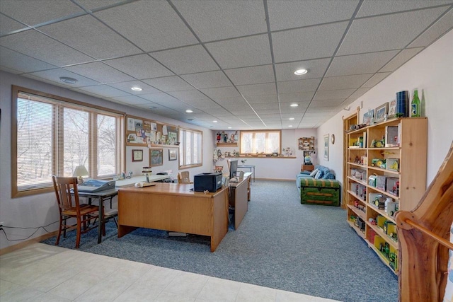 office area with recessed lighting, a healthy amount of sunlight, baseboards, and a paneled ceiling