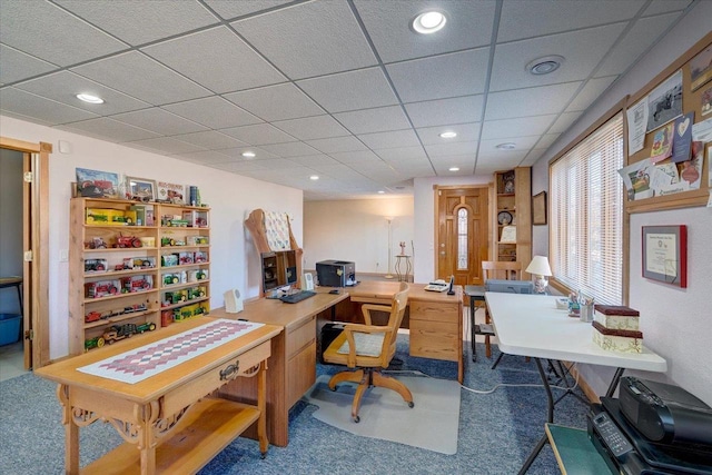 home office with recessed lighting, a drop ceiling, and carpet floors