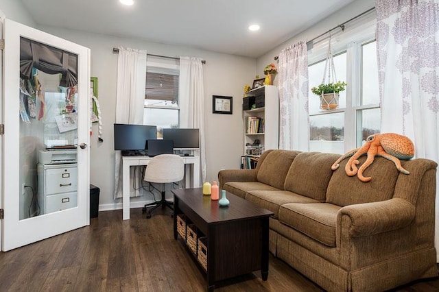 office area with plenty of natural light, dark wood-type flooring, and recessed lighting