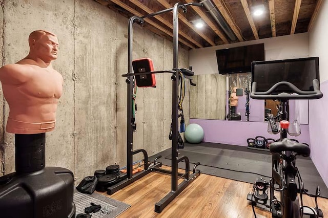 workout area featuring wood finished floors