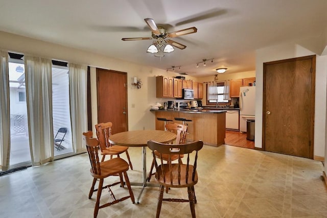 dining space with ceiling fan and light floors