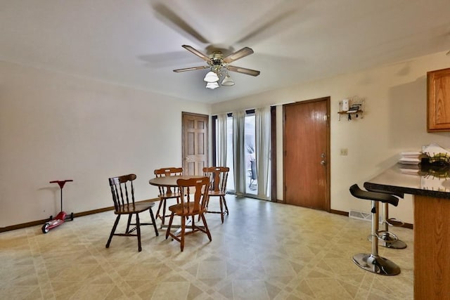 dining room featuring visible vents, baseboards, and a ceiling fan