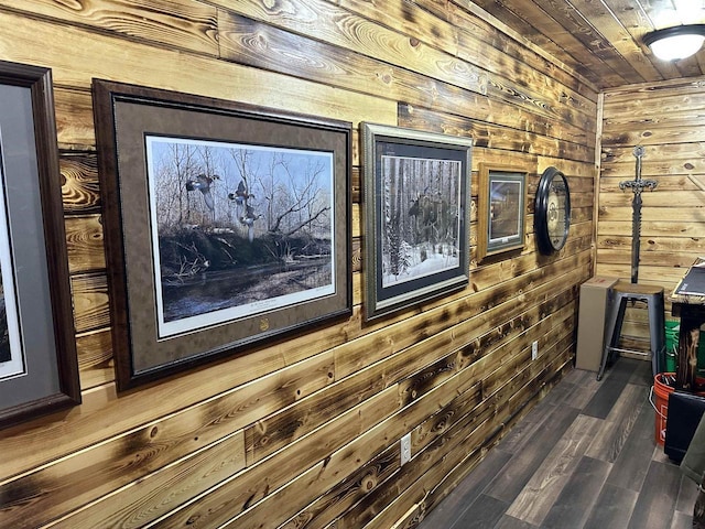 interior space with wooden ceiling, wood finished floors, and wooden walls