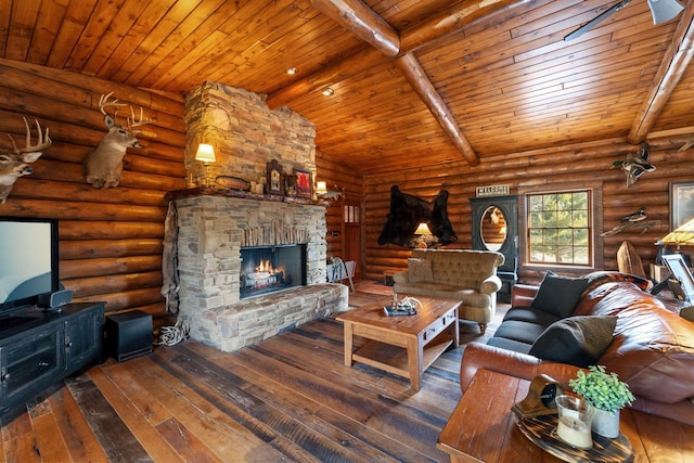 living area featuring wood-type flooring, a fireplace, wood ceiling, beam ceiling, and rustic walls