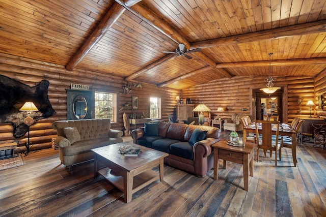 living room featuring vaulted ceiling with beams, log walls, ceiling fan, wooden ceiling, and hardwood / wood-style flooring