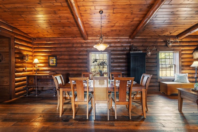 dining room with rustic walls, wooden ceiling, beam ceiling, and dark wood-type flooring