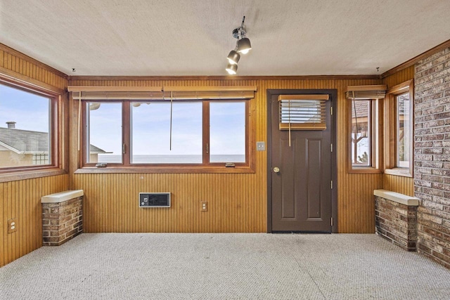 carpeted foyer with plenty of natural light, wooden walls, and a textured ceiling