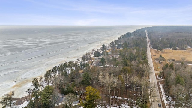 bird's eye view featuring a water view and a beach view