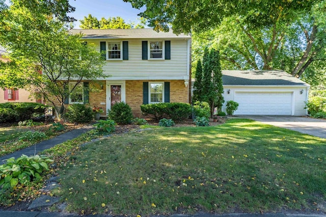 colonial-style house featuring a garage, brick siding, and a front lawn