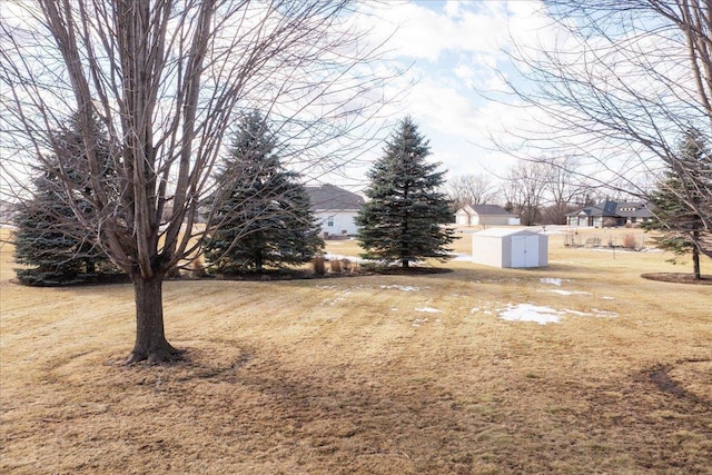 view of yard featuring an outdoor structure and a shed