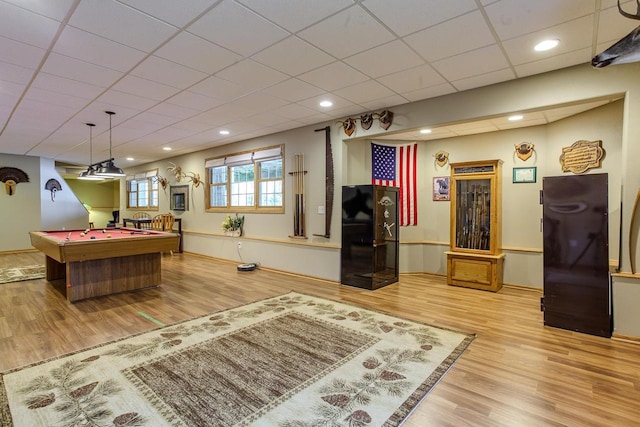 rec room featuring pool table, a drop ceiling, recessed lighting, and wood finished floors