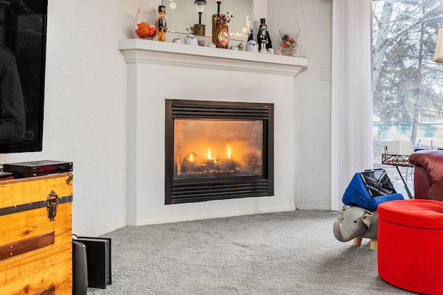 details featuring carpet floors, a textured wall, and a glass covered fireplace