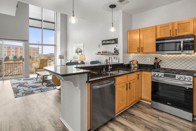 kitchen featuring dark wood finished floors, dark countertops, a sink, stainless steel appliances, and backsplash