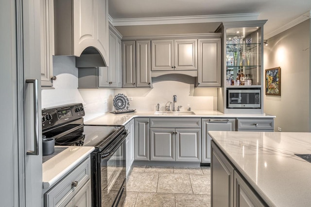 kitchen with black / electric stove, gray cabinets, a sink, and stainless steel microwave