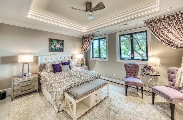 bedroom with visible vents, a raised ceiling, ceiling fan, crown molding, and light tile patterned flooring