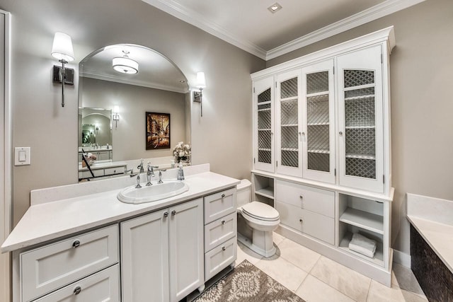 bathroom with crown molding, vanity, toilet, and tile patterned floors