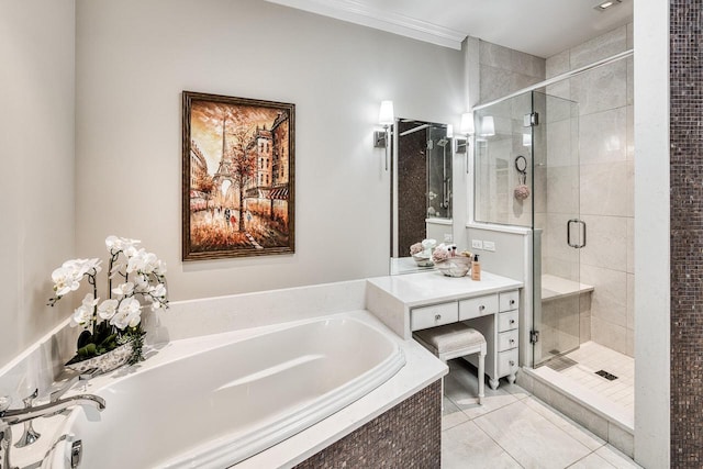 bathroom with ornamental molding, a shower stall, a bath, and tile patterned floors