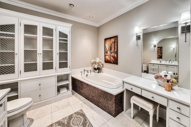 full bathroom with toilet, ornamental molding, vanity, a bath, and tile patterned floors