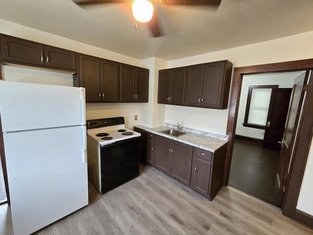 kitchen featuring dark brown cabinets, range with electric stovetop, light wood-type flooring, and freestanding refrigerator