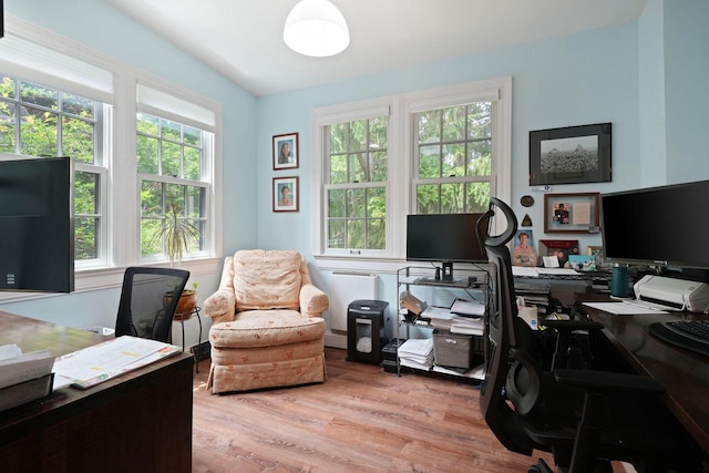 home office with wood finished floors