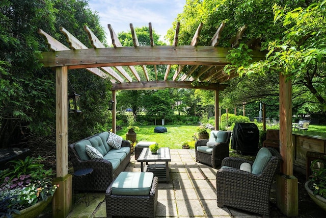 view of patio with an outdoor living space, grilling area, and a pergola