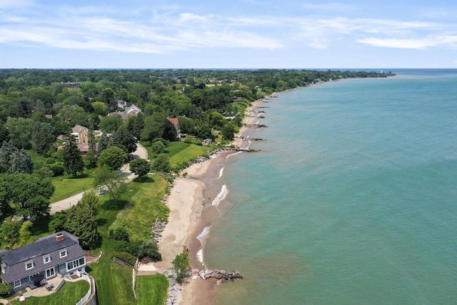 drone / aerial view with a water view and a beach view