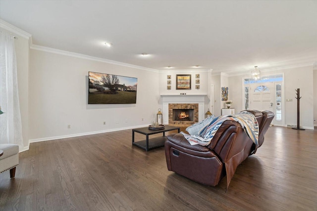 living area featuring dark wood-style floors, baseboards, a fireplace, and ornamental molding