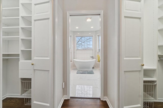 interior space with dark wood-style flooring