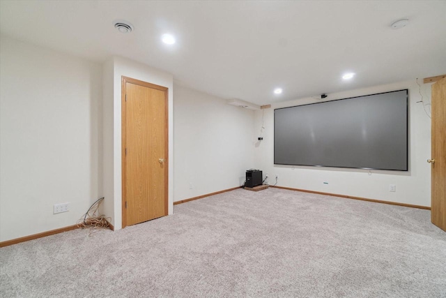 home theater featuring recessed lighting, carpet flooring, and baseboards