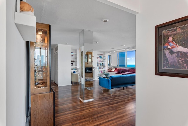 living area featuring wood finished floors and arched walkways