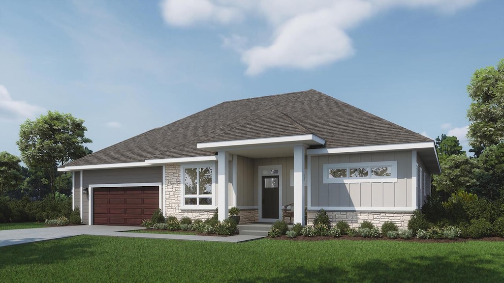 view of front of house featuring board and batten siding, a front yard, stone siding, and roof with shingles