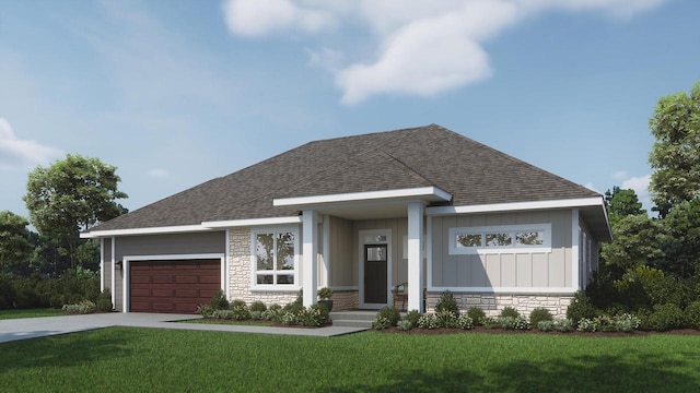 view of front of house featuring board and batten siding, a front yard, stone siding, and roof with shingles