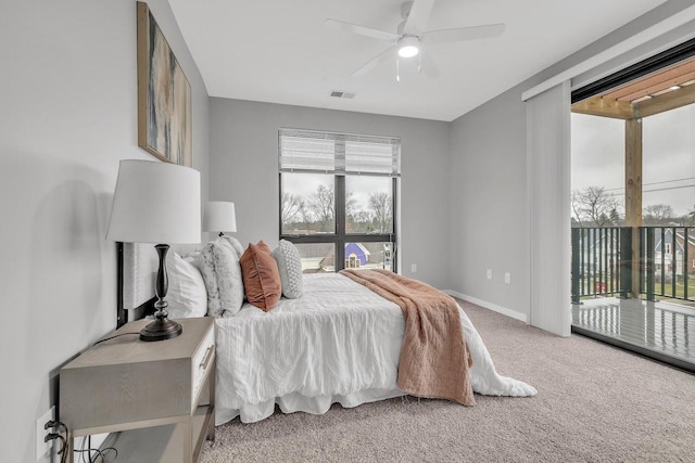 bedroom with baseboards, visible vents, ceiling fan, access to outside, and carpet flooring