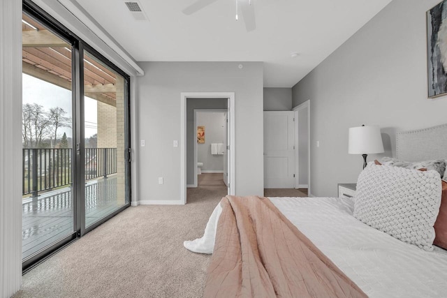 bedroom featuring ceiling fan, carpet floors, visible vents, baseboards, and access to outside