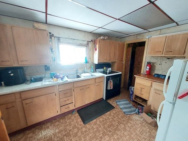 kitchen featuring electric stove, light brown cabinetry, a sink, and freestanding refrigerator