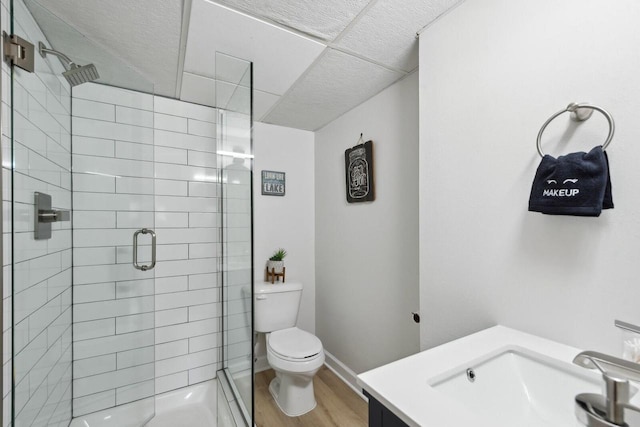 N2021 N Lake Shore Dr, Fontana, WI 53125 - bathroom with a stall shower, baseboards, toilet, wood finished floors, and vanity