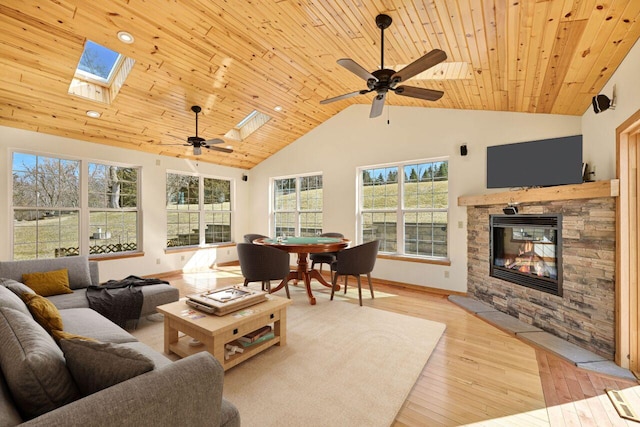 living area with high vaulted ceiling, a skylight, ceiling fan, wooden ceiling, and light wood-type flooring