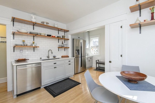 kitchen featuring tasteful backsplash, open shelves, light countertops, appliances with stainless steel finishes, and a sink